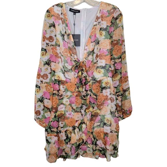 Parisian Dresses & Skirts - Parisian Women's Floral V-Neck Mini Shift Dress Tie Front Multicolor Size 10 NEW
